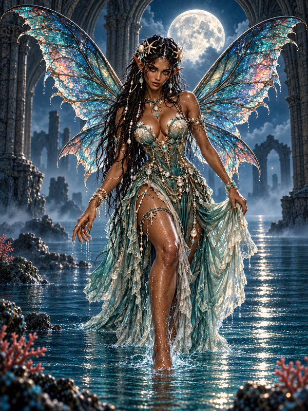 Winged ocean fairy walks through shallow moonlit water before ancient stone ruin arches