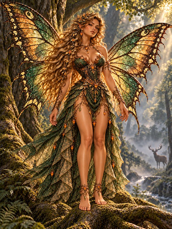 Regal winged fairy queen standing on mossy tree roots in a sunlit enchanted forest