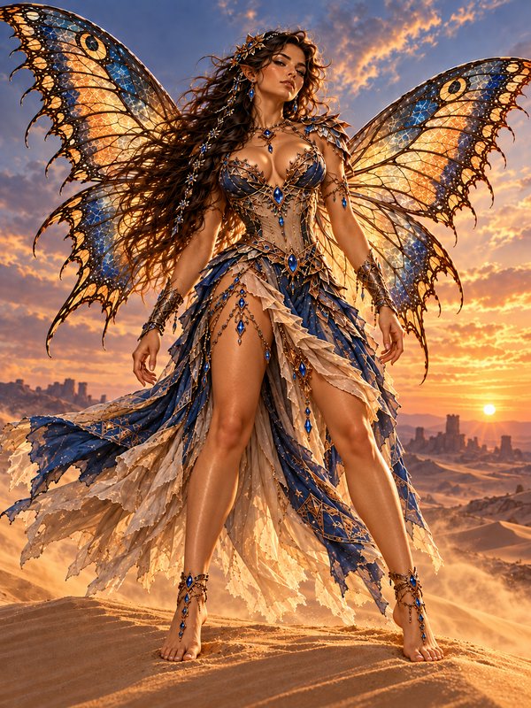 Winged fae queen with ornate butterfly wings standing on desert dunes at golden sunset
