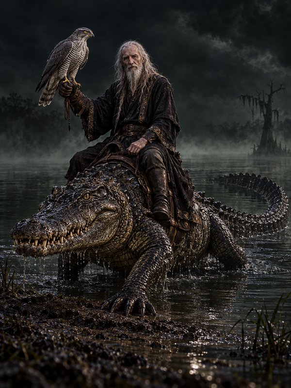 Elderly bearded wizard holding a hawk rides a giant alligator through a misty dark swamp