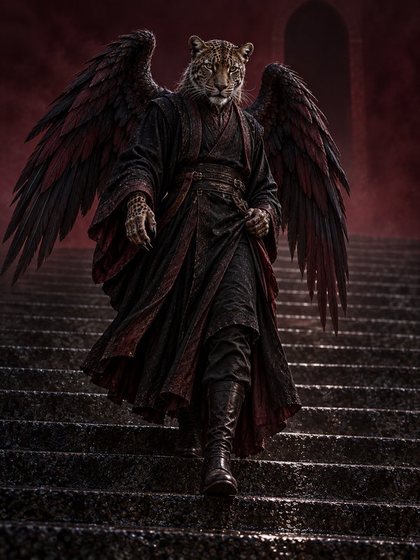 Winged anthropomorphic leopard in dark robes descending wet stone stairs against a misty crimson ...