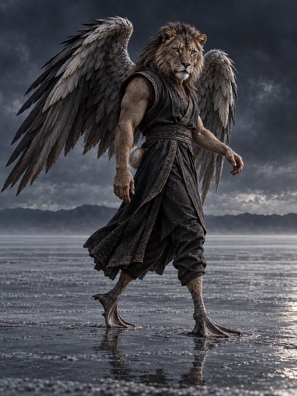 Winged lion humanoid chimera walking across shallow reflective plain under stormy dark skies
