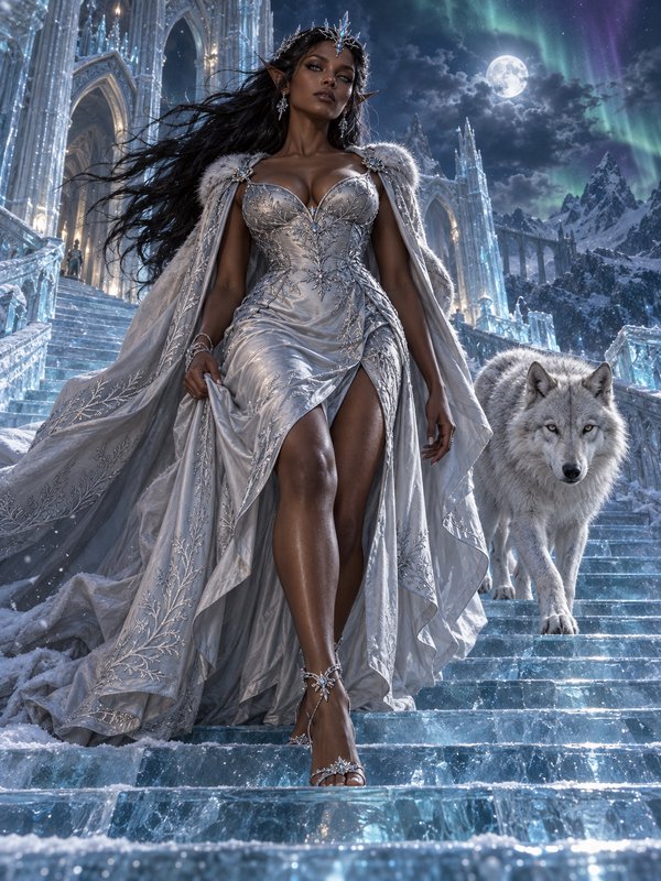 Regal elven ice queen walks down crystal ice palace stairs alongside a large white wolf under moo...