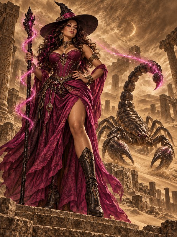 Powerful desert witch holding a glowing magic staff stands beside a giant scorpion in ancient ruins