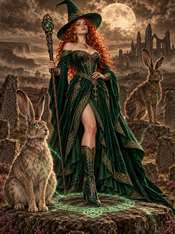 Red-haired Celtic witch holding an enchanted staff stands with magical hare familiars in a moonli...