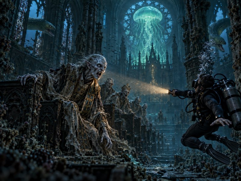 Scuba diver encounters undead ghoul priests inside a sunken gothic cathedral with a glowing jellyfish overhead