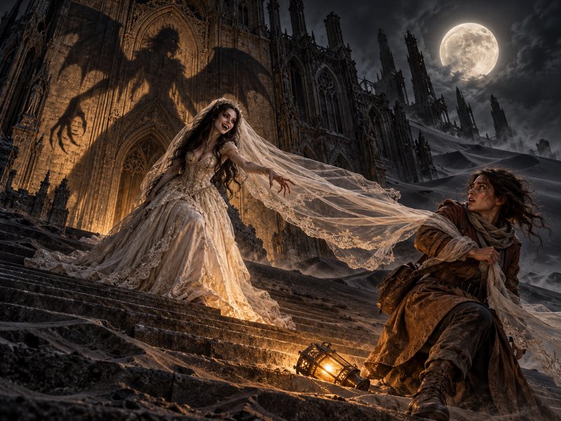 Menacing undead vampire bride reaches for a fleeing traveler on gothic cathedral steps under a full moon
