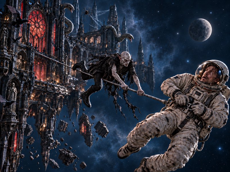 Astronaut grapples with a pale vampire creature tethered near a floating gothic cathedral in outer space