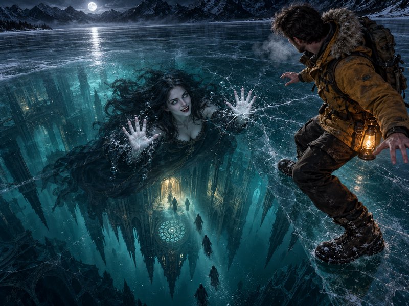 A hiker stands on cracked frozen lake ice as a ghostly vampire woman presses up from a sunken gothic city under full moon.