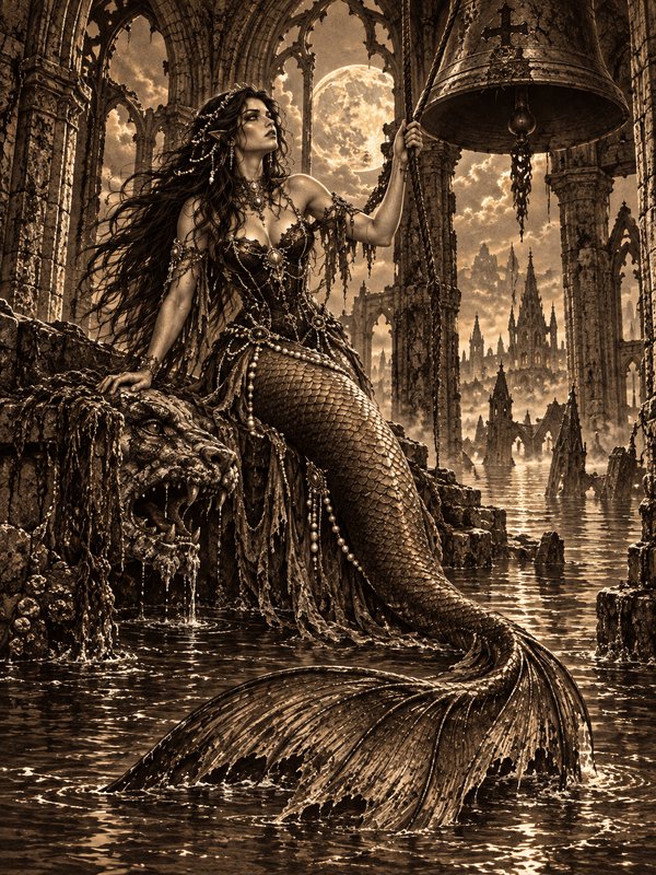 Dark fantasy elven mermaid rings a large bell atop flooded gothic cathedral ruins under a full moon