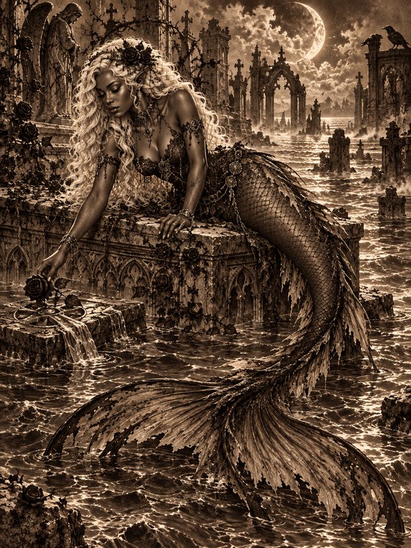 Gothic dark mermaid reaching for a black rose atop sunken flooded cathedral ruins under a crescen...