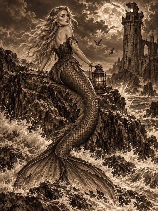 Intricate sepia fantasy illustration of a mermaid perched on stormy coastal cliffs holding a lantern under a full moon