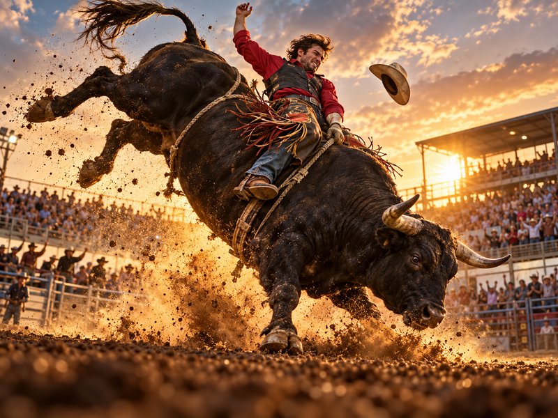 Bull rider hangs one-handed onto a bucking bull in a dirt rodeo arena at golden sunset