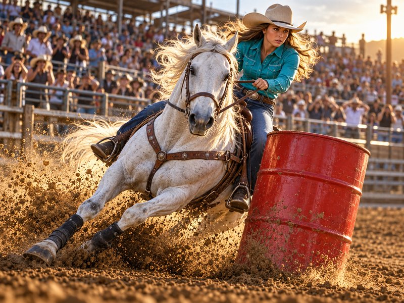 Cowgirl rounds a red barrel on a galloping white horse during a competitive rodeo barrel racing event
