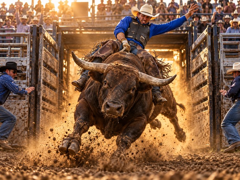 Bull rider balances on a charging longhorn bull bursting out of a rodeo chute in front of arena spectators.
