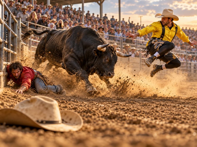Muscular charging bull advances on a fallen cowboy as a rodeo clown leaps to intervene in a dirt rodeo arena.