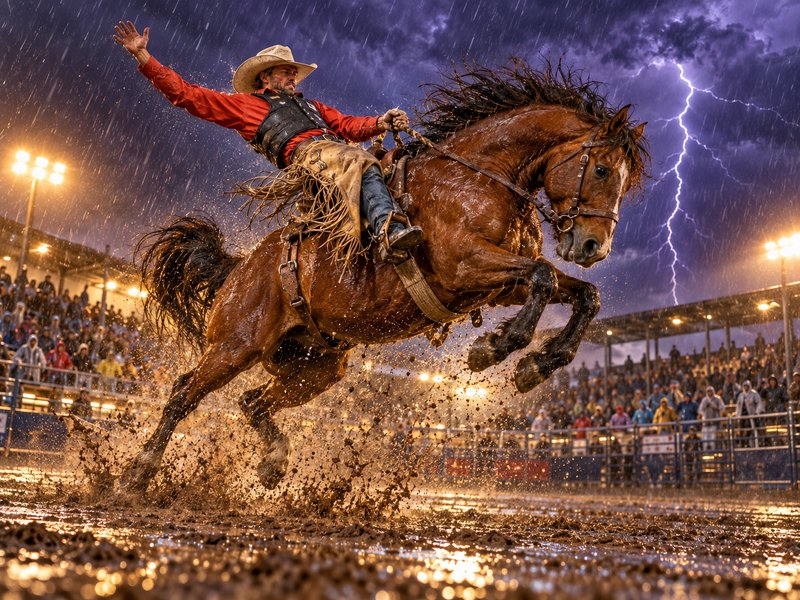 Cowboy saddle bronc rider balances on a rearing bucking horse in a muddy stormy rodeo arena