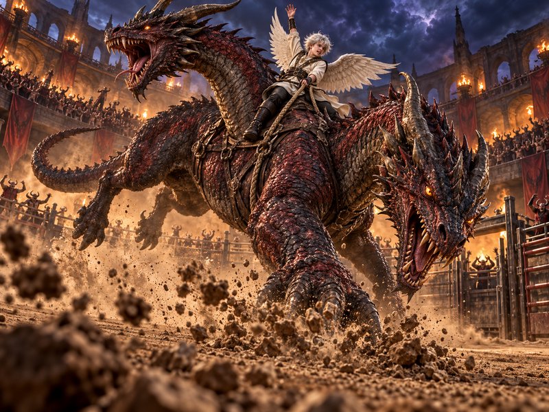 Winged angel rider atop a ferocious two-headed red dragon charges through a packed fantasy colise...