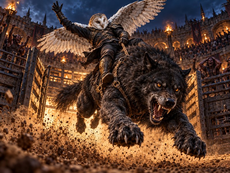 Armored owl humanoid rides a snarling giant dire wolf bursting from torchlit coliseum gates