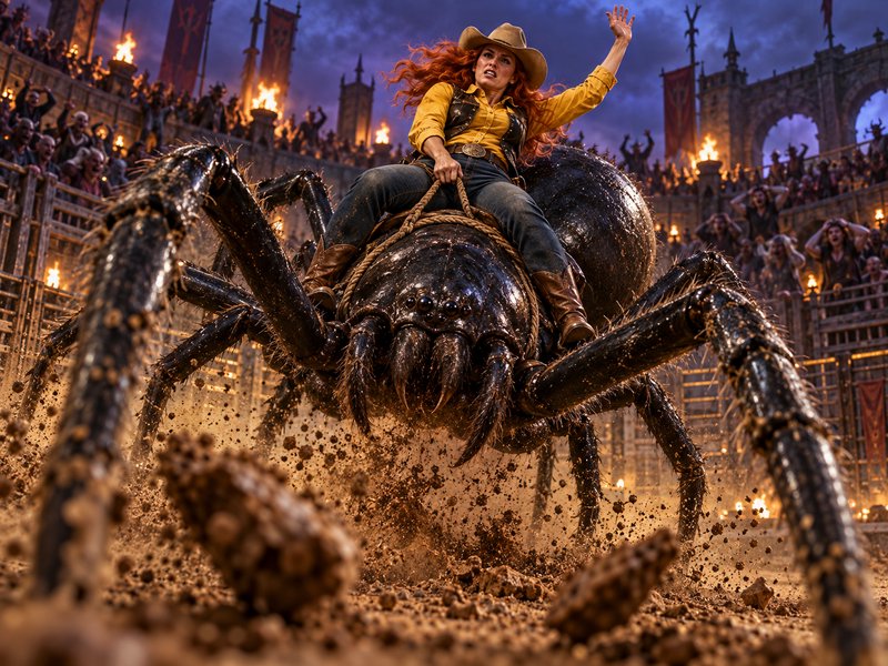 Red-haired cowgirl rides a giant black tarantula through a torchlit medieval coliseum