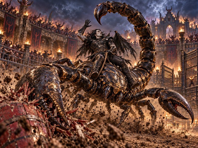 Winged dark warrior rides a massive armored scorpion charging through a fiery demonic gladiator a...