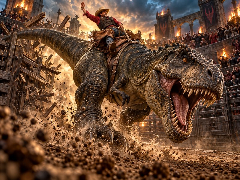 Cheering cowboy rides a roaring T-rex that crashes through arena fencing in a fire-lit coliseum