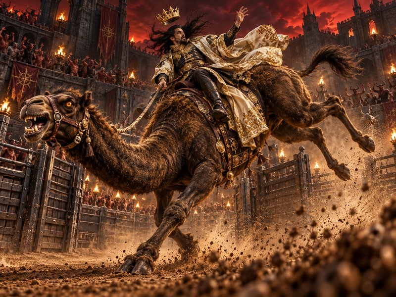 King loses his crown while riding a snarling rearing camel in a fiery demon-filled coliseum