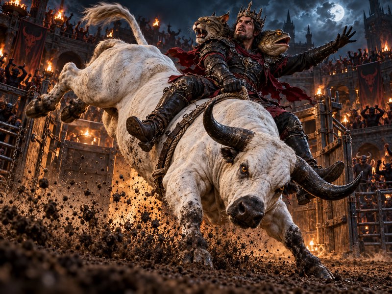 Crowned armored fantasy king rides a rearing white bull inside a torchlit demonic coliseum under ...