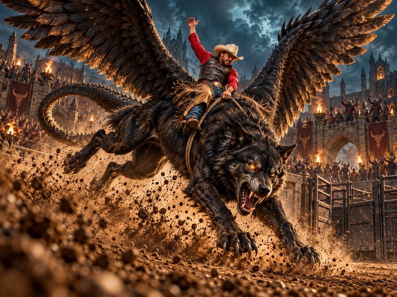 Rodeo cowboy riding a rampaging winged mythical wolf beast in a torchlit fantasy arena