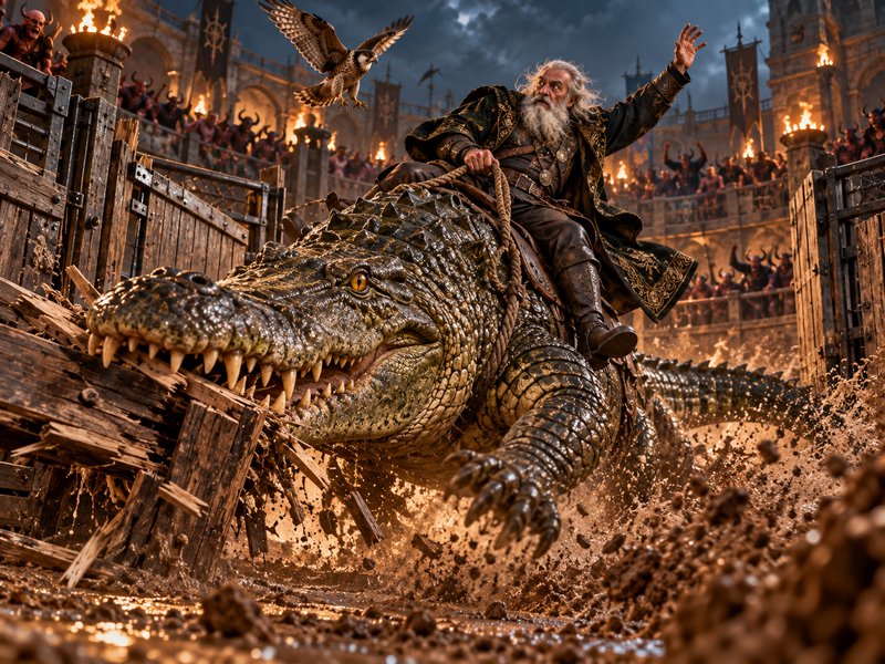 Elderly bearded rider mounted on a giant crocodile bursts through a coliseum gate beside a flying...