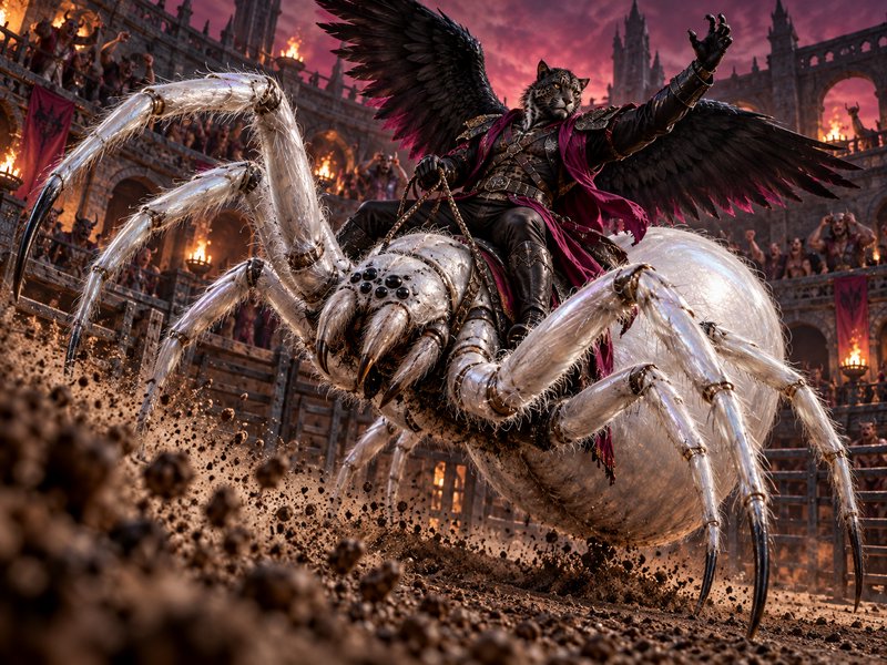Winged anthropomorphic panther warrior rides a giant armored white spider charging through a fant...