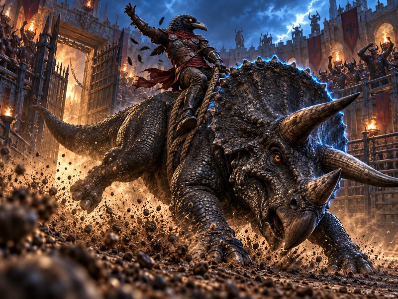 Armored crow humanoid rider atop a charging triceratops in a stormy fantasy coliseum
