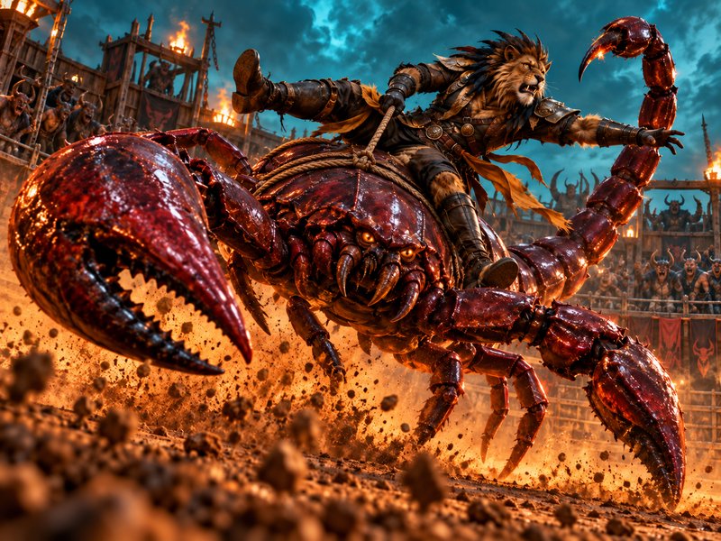Armored anthropomorphic lion warrior rides a giant red scorpion charging through a torch-lit fantasy coliseum