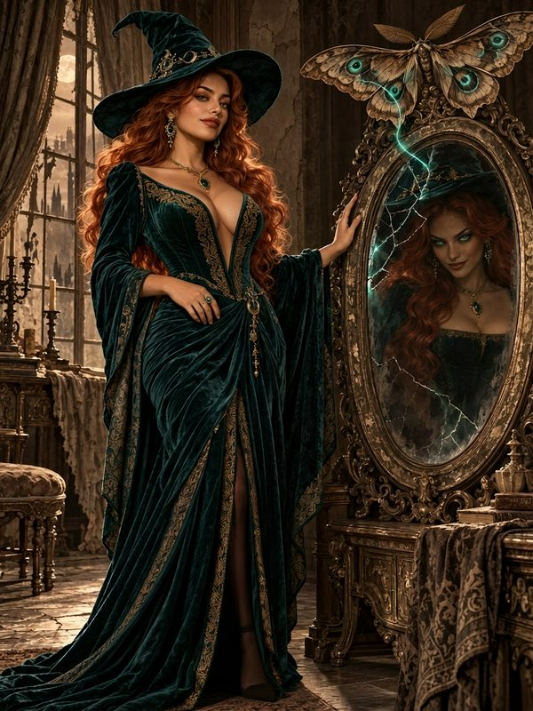 Red-haired witch in an emerald velvet gown stands beside a cracked enchanted mirror in a moonlit gothic castle room