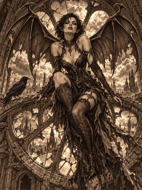 Sepia fantasy illustration of a winged dark elf vampire perched on a gothic cathedral rose window...