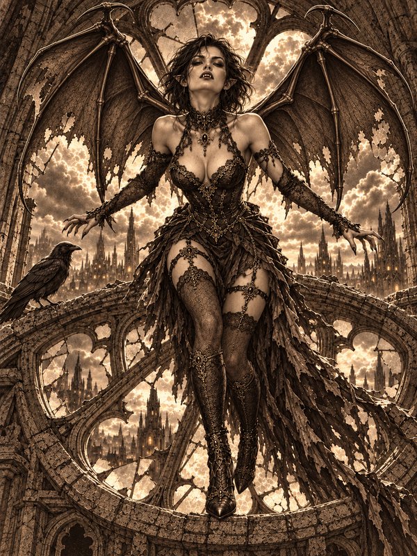 Winged gothic succubus in lace attire perches on a crumbling cathedral arch beside a raven overlooking a spired city