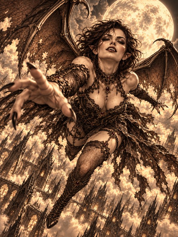 Winged vampire succubus reaches toward the viewer while flying above gothic spires under a glowing full moon