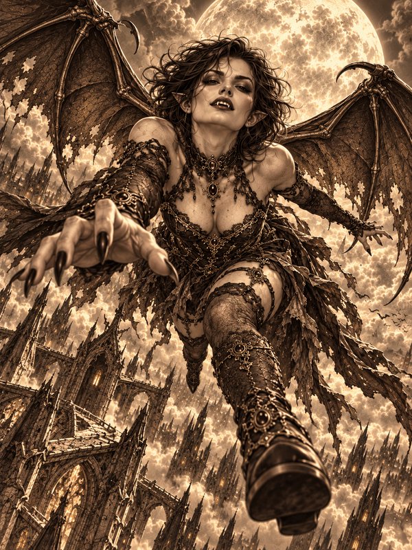 Winged vampire woman reaches toward the viewer while flying above gothic spires under a glowing full moon