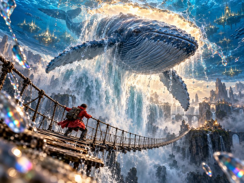Adventurer on a suspension bridge watches a giant humpback whale emerge from a floating upper oce...