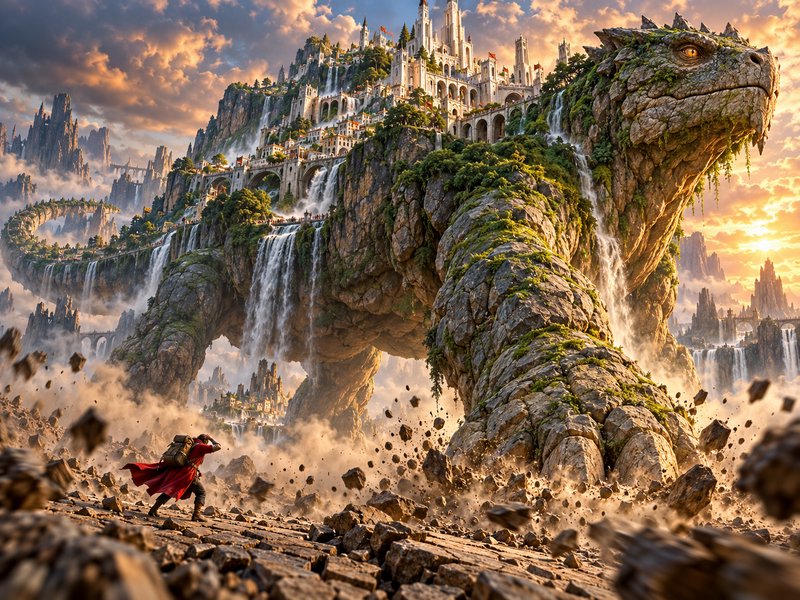 Hooded adventurer flees a colossal walking stone dragon carrying a fantasy mountaintop city at golden sunset