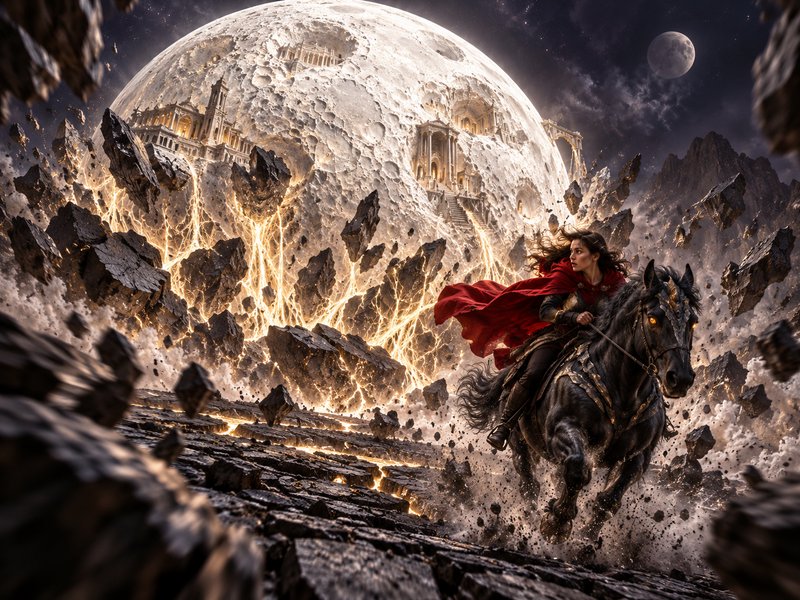 Woman in a flowing red cape rides an armored black warhorse as a cratered moon with ancient temples shatters behind her