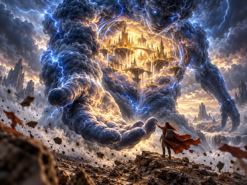 Lone robed adventurer reaches to touch a colossal storm giant hovering above a glowing floating sky castle