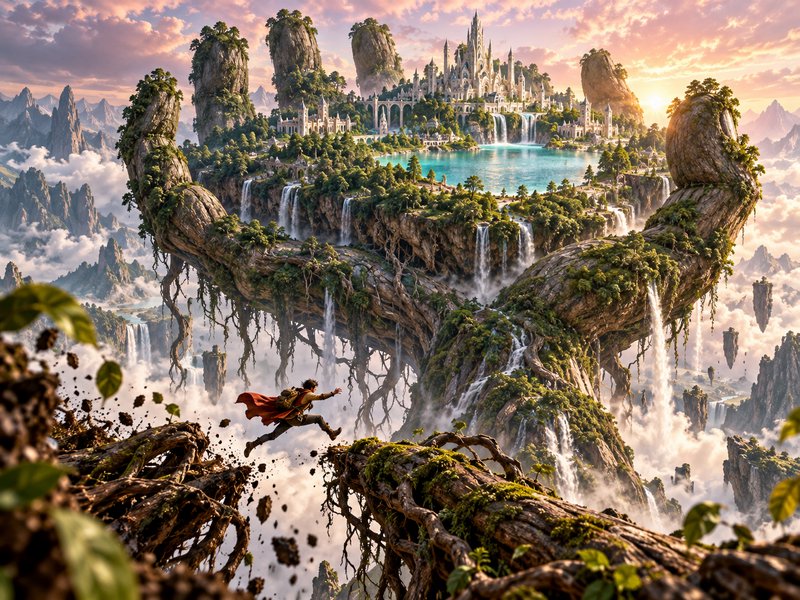 Adventurer leaps between giant gnarled tree branches overlooking a floating fantasy kingdom above a sea of clouds at golden