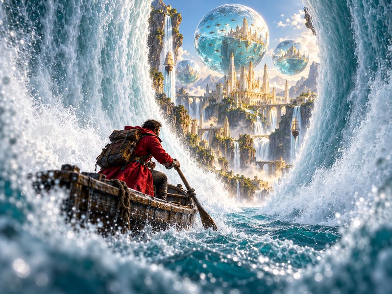 Lone adventurer rows a wooden boat through towering waves toward a magical floating fantasy city