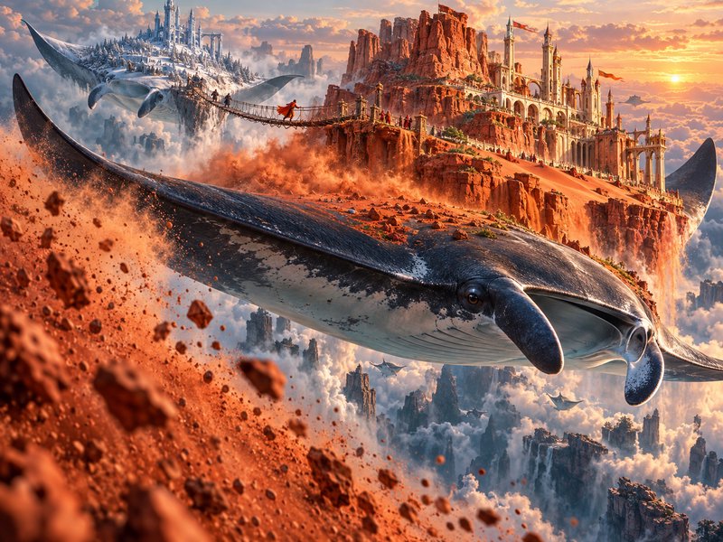 Giant flying manta ray carries floating fantasy island kingdoms above clouds at golden sunset