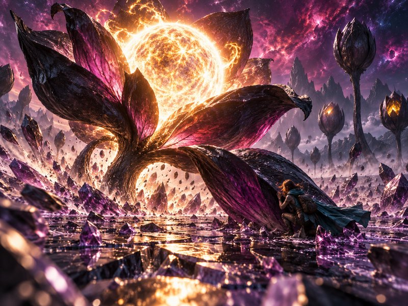 A cloaked explorer kneels beside a giant glowing magical lotus in a crystal alien nebula landscape