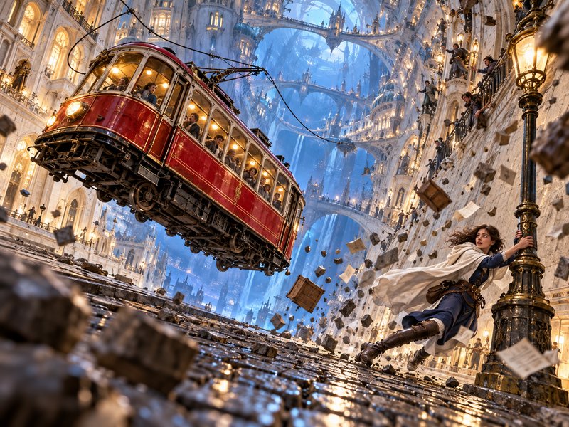 Floating vintage red tram travels through a gravity-bent steampunk arcology as a woman clings to a lamppost amid flying