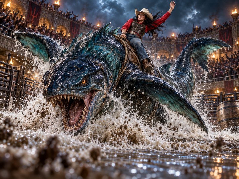 Cowgirl riding a thrashing giant aquatic leviathan inside a torchlit fantasy coliseum