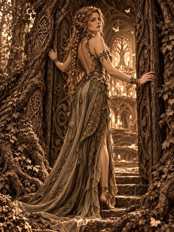Elven woman in an ornate leaf gown holds open carved tree doors to a candlelit elven sanctuary