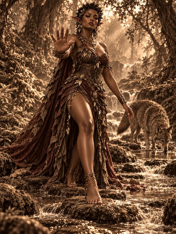 Elven forest queen holds out a commanding hand standing on stream rocks beside a wolf in a sunlit ancient woodland